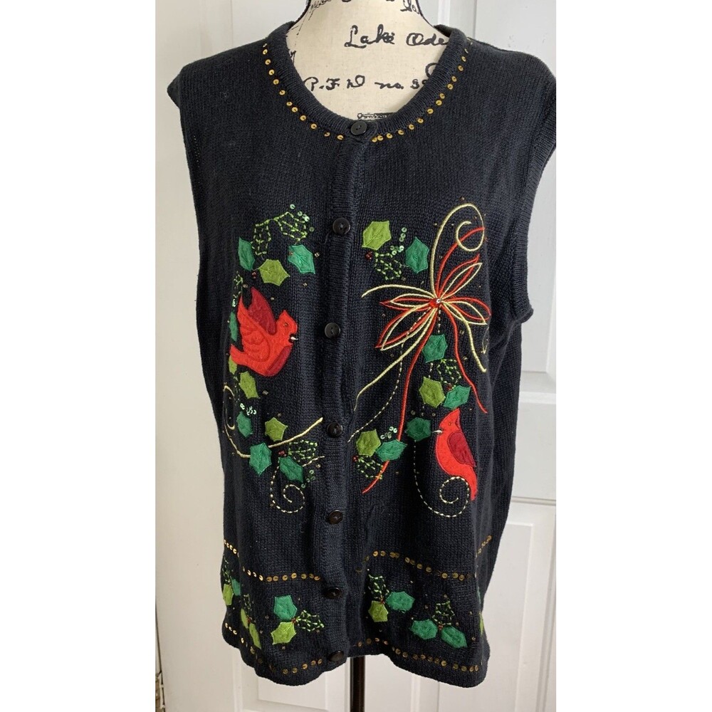 Kim Rogers Womens Ugly Christmas Sweater Vest XL Cardinals Holiday Black Vtg